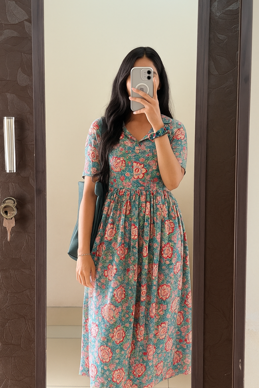 Floral Korean-Style Frock with Matching Hair Band